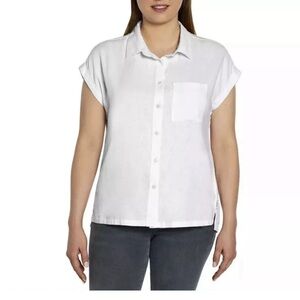 Or is women’s button-up short sleeves chest pocket blouse, white SZ S
